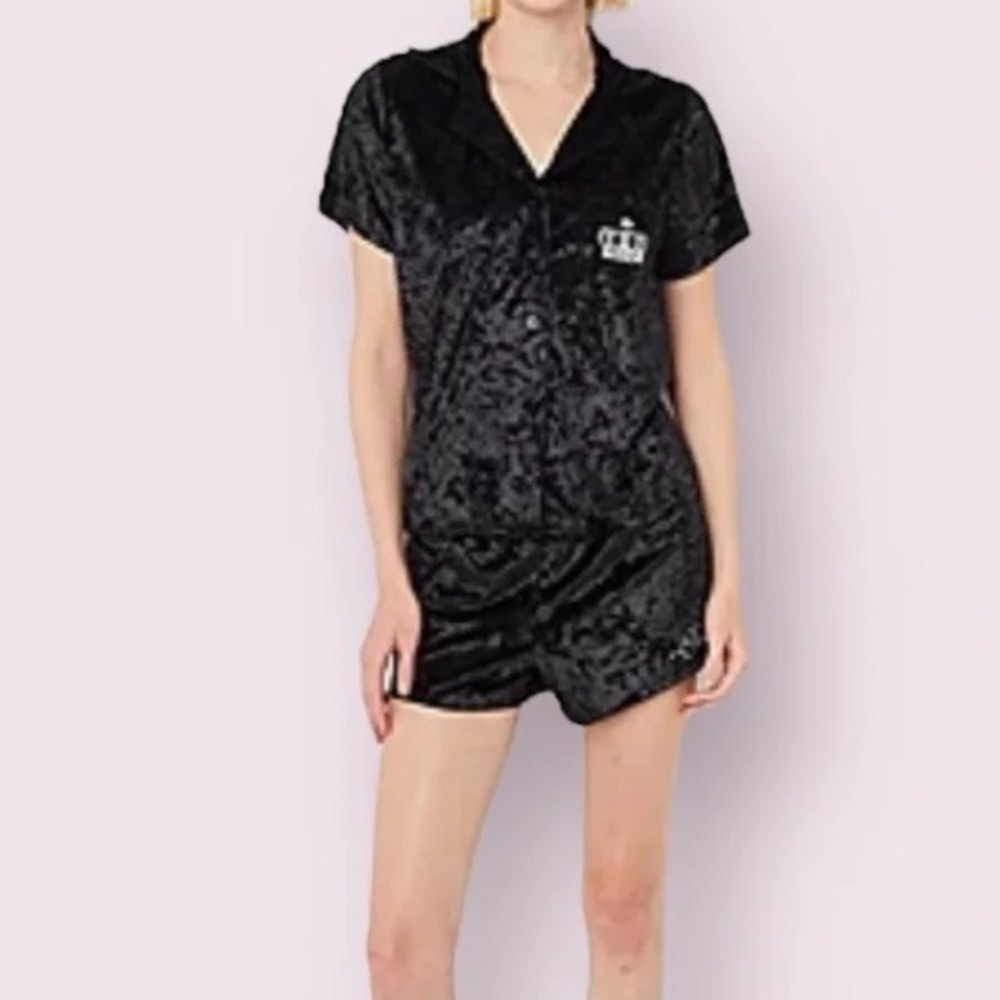 Juicy Couture Black Crushed Velvet Pajama Set Logo Shorts Large y2k Sleepwear